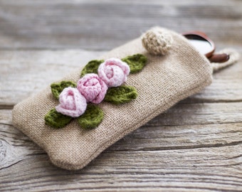 Burlap and Roses Sunglasses Case, Rustic Jute Eyeglasses Case, Cottage Chic Eyewear