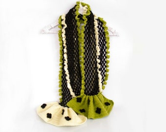 Bohemian Crochet Ruffle Flower Scarf in Lime Green Black and White, Romantic Boho Accessories