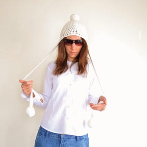 Hand-Knitted Ivory White Pom Pom Ear Flap Hat, Merino Alpaca Wool