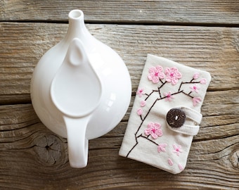 Cherry Blossom Tea Bag Wallet, Sakura Tea Organizer with Hand Embroidered Cherry Blossoms, Tea Bag Storage Gift for Tea Lovers, Tea Holder