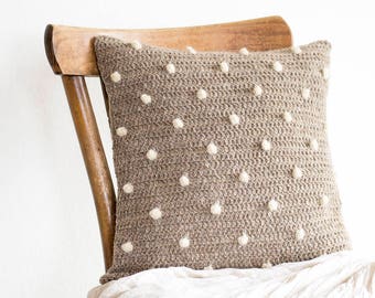 Natural Polka Dot Pillow Cover in Beige and White, 16 x 16 Crochet Wool Cushion Cover, Eco Friendly Home Decor