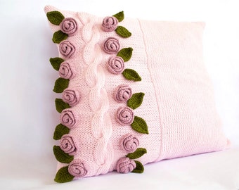 Hand-Knitted Pink Cushion Cover with Crochet Roses, Pure Cotton