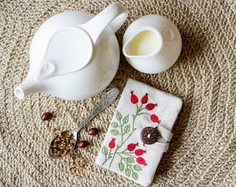 Rose Hip Tea Bag Wallet, Rosehip Rosa Canina Tea Bag Wallet Gift for Tea Lovers, Linen and Cotton Tea Holder with Hand Embroidered Rose Hips