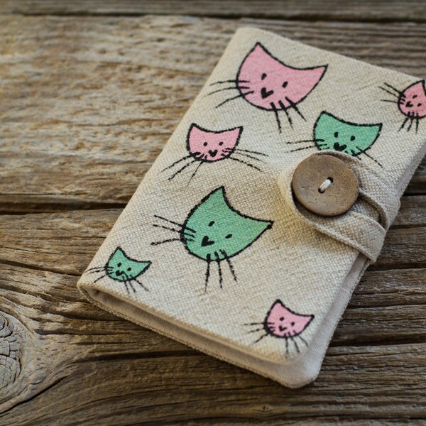 Credit Card Wallet with Cats in Pink and Mint Green, Linen and Cotton Card Holder, Hand Painted Organizer, Gift for Cat Lover