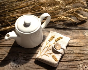 Tea Wallet with Wheat Embroidery, Natural White Cotton Tea Holder, Gift for Tea Lover