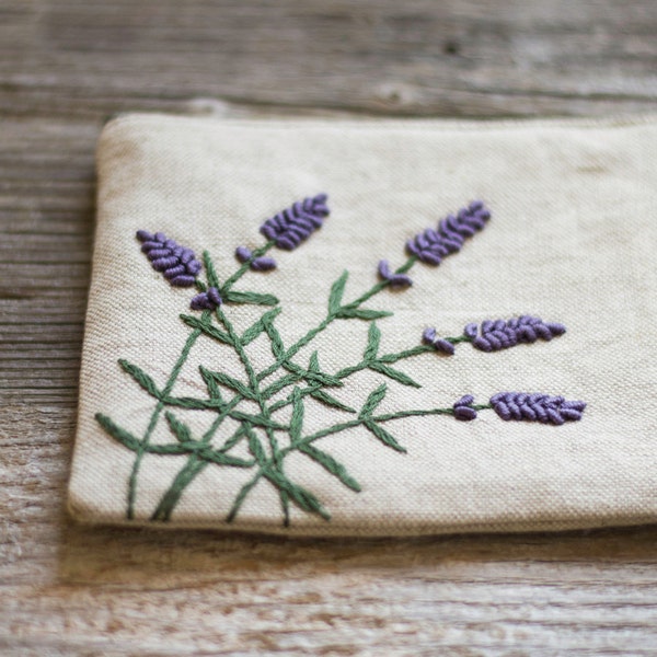 Hand-Embroidered Lavender Zipper Pouch, Linen and Cotton Cosmetic Bag, Lavandula angustifolia Embroidery