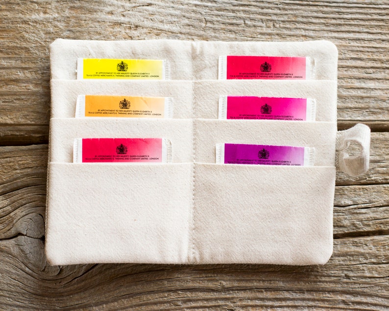 Cartera para bolsitas de té con monograma personalizado, organizador de bolsitas de té de lino y algodón con tetera y taza de té bordadas a mano, regalo para amantes del té imagen 5