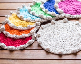 Crochet Chakra Coasters and a Trivet, 100% Natural Chakra Coasters and a Hot Pad