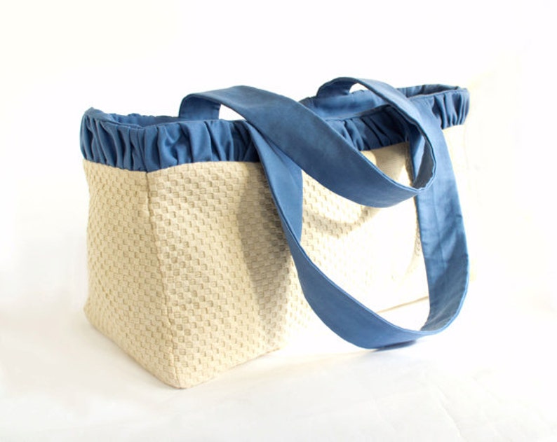 Cotton Shopper Ruched Beach Tote Bag in Natural White and Blue Summer Accesories