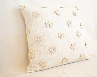 Eco Friendly Pillow Cover, 16 x 16 Natural White Cushion with Crochet Flowers, Floral Bedding, Unbleached and Undyed Cotton