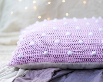 Lavender Pillow Cover with White Polka Dots, 16 x 16 Purple Crochet Cotton Cushion Cover, Polka Dot Home Decor