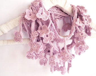 Floral Scarf, Lavender Purple Scarf, Egyptian Cotton Crochet Scarf