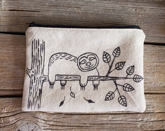 Bolsa de cremallera perezosa pintada a mano, lino y algodón natural, bolsa cosmética inspirada en la naturaleza, accesorios del bosque
