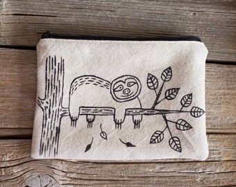 Hand Painted Sloth Zipper Pouch, Natural Linen and Cotton, Nature Inspired Cosmetic Bag, Woodland Accessories