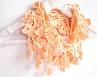 Peach Pink Crochet Flower Scarf, Coral Egyptian Cotton Infinity Scarf, Flower Accessories