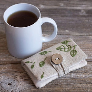 Portefeuille à thé en lin et coton avec feuilles vertes brodées à la main, porte-thé, cadeau pour amateur de thé