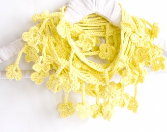 Pastel Yellow Scarf, Egyptian Cotton Crochet Scarf, Floral - MADE TO ORDER