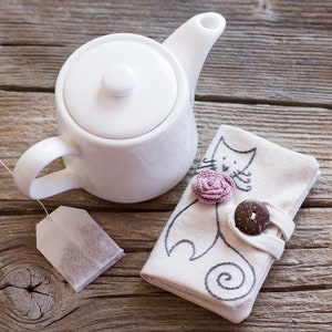 Grey Cat Tea Wallet, Tea Holder, Gift for Tea Lovers, Gift for Cat Lovers