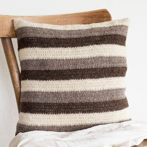 Striped Pillow Cover in Beige and Brown and White, Neutral Colors Pillow Cover, 16 x 16 Crochet Wool Cushion Cover, Eco Friendly Home Decor