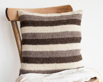 Striped Pillow Cover in Beige and Brown and White, Neutral Colors Pillow Cover, 16 x 16 Crochet Wool Cushion Cover, Eco Friendly Home Decor