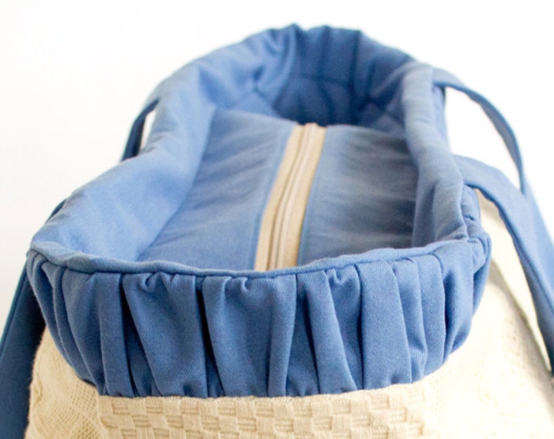 Cotton Shopper Ruched Beach Tote Bag in Natural White and Blue Summer Accesories
