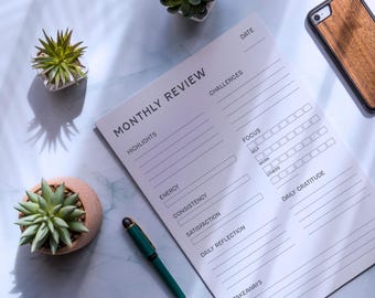 Monthly Review Printable | Minimalist Reflection, Habit & Wellness Tracker (PDF Download, A4/A5/Letter Sizes)