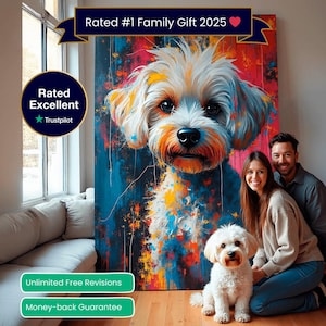 May include: A large, colorful canvas print of a dog with a vibrant, abstract background. The artwork features a white and orange dog with a detailed face. The text "Rated #1 Family Gift 2025" is displayed above the artwork. A couple and a small dog are in the image.