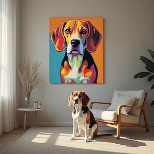 May include: A colorful pop art style painting of a beagle dog hangs on a wall above a real beagle dog sitting on a rug. The painting features vibrant colors, including orange, blue, and purple. The real dog has brown, black, and white fur.