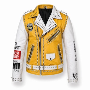 Yellow White Studded Leather Biker Jacket – Punk Rock Skull Patches Moto Jacket