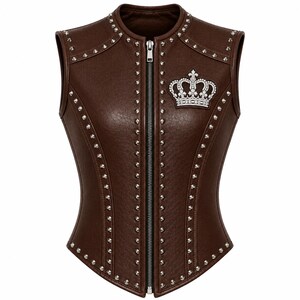 Op de afbeelding: Een donkerbruin mouwloos vest met een centrale zilveren ritssluiting. Het kledingstuk is versierd met rijen kleine zilveren metalen studs langs de naden en de halslijn, en bevat een wit geborduurd kroonembleem op de rechterborst.