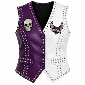 May include: A sleeveless waistcoat featuring a split design with one side in purple and the other in white. The garment is adorned with silver-toned metal studs, a skull patch on the purple side, and a heart patch with wings and the text ROCK on the white side.