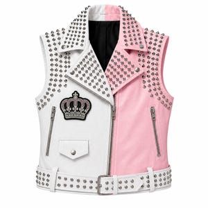 May include: A sleeveless vest featuring a split design with one white side and one pink side. The garment is adorned with silver metal studs on the lapels, shoulders, and hem belt. A black and pink crown patch is on the white chest panel.