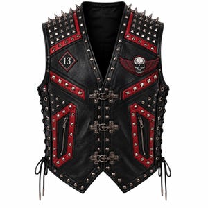 Men's Black & Red Racing Stripe Leather Vest, Studded Skull Patch Biker Vest, Hook Clasp Moto Vest