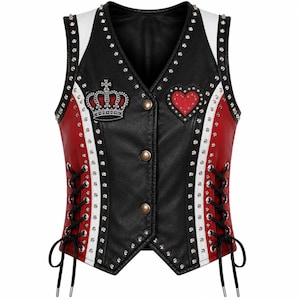 May include: A sleeveless vest featuring a black, red, and white color scheme with silver-toned metal studs along the seams. The front includes three brass-colored buttons, a crown patch on the right, a heart patch on the left, and side lacing.
