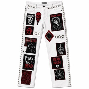Vita läderbyxor i punkstil för män, gotiska lapptäcksbyxor, raka ben med nitar