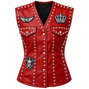 Gilet in pelle rossa borchiata, gilet da motociclista da donna, toppa con teschio e corona, gilet punk rockstar da moto