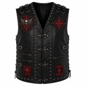 Men's Black Studded Leather Vest, Gothic Skull Cross Patch Biker Vest, Buckle Strap Moto Vest