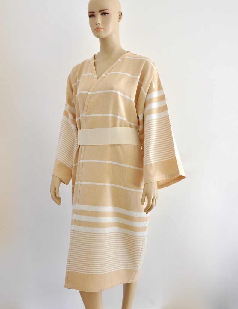 Beige Bathrobe Cotton Kimono Robe Peshtemal Turkish Towel Robe Etsy
