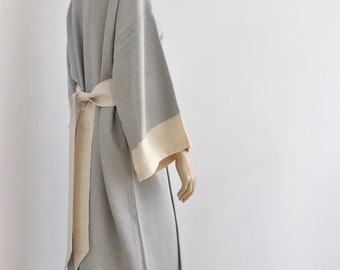 Grey Kimono Robe Peshtemal Bath Robe Caftan Turkish Bath Towel Long Extra Soft Cotton Obi Belt