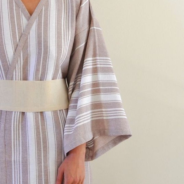 Handmade Eco Friendly Brown Cotton White Striped Wearable Turkish Bath Towel / Peshtemal Kimono Robe with Obi Belt earth tones cocoa