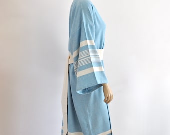 Blue Kimono Robe Peshtemal Robe Bath Robe Caftan Turkish Towel Long Soft Cotton Obi Belt Full Length Unisex