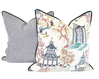 Decorative Pillow Cover in Chinoiserie Toile Pagoda Fabric (Read Description)