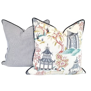 Decorative Pillow Cover in Chinoiserie Toile Pagoda Fabric (Read Description)