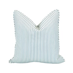 Soft Quiet Blues Ticking fabric in a Decorative Pillow Cover