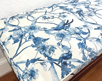 Custom Cushion in Floral Tree Chinoiserie Birds in Blue Lightweight Cotton Twill Fabric