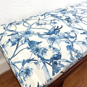 Custom Cushion in Floral Tree Chinoiserie Birds in Blue Lightweight Cotton Twill Fabric