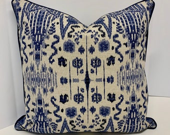 Decorative pillow cover Designer Lacefield fabric Oatmeal cushion cover Tribal Ikat Navy pillow cover Mumbai throw pillow