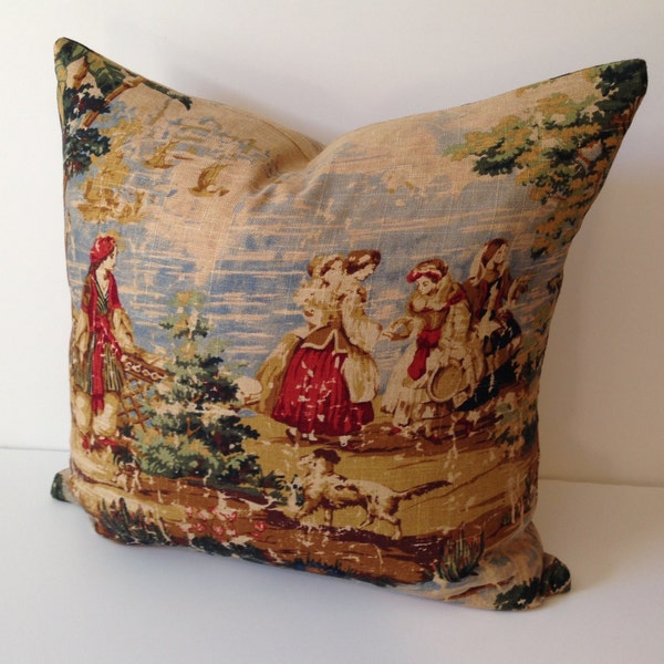 Decorative Pillow Cover in Bosporus Toile Billard 128 Distressed Toile Fabric