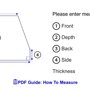 May include: Diagram illustrating how to measure an object, with numbered arrows indicating front, depth, back, and side dimensions. Text prompts users to enter measurements in inches. A PDF guide link is also included.