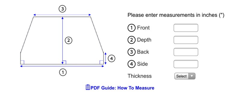 May include: Diagram illustrating how to measure an object, with numbered arrows indicating front, depth, back, and side dimensions. Text prompts users to enter measurements in inches. A PDF guide link is also included.